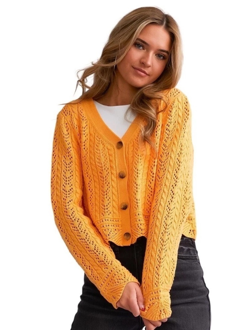 Willow & Root Pointelle Knit Boho Cropped Cardigan XL Marigold Orange